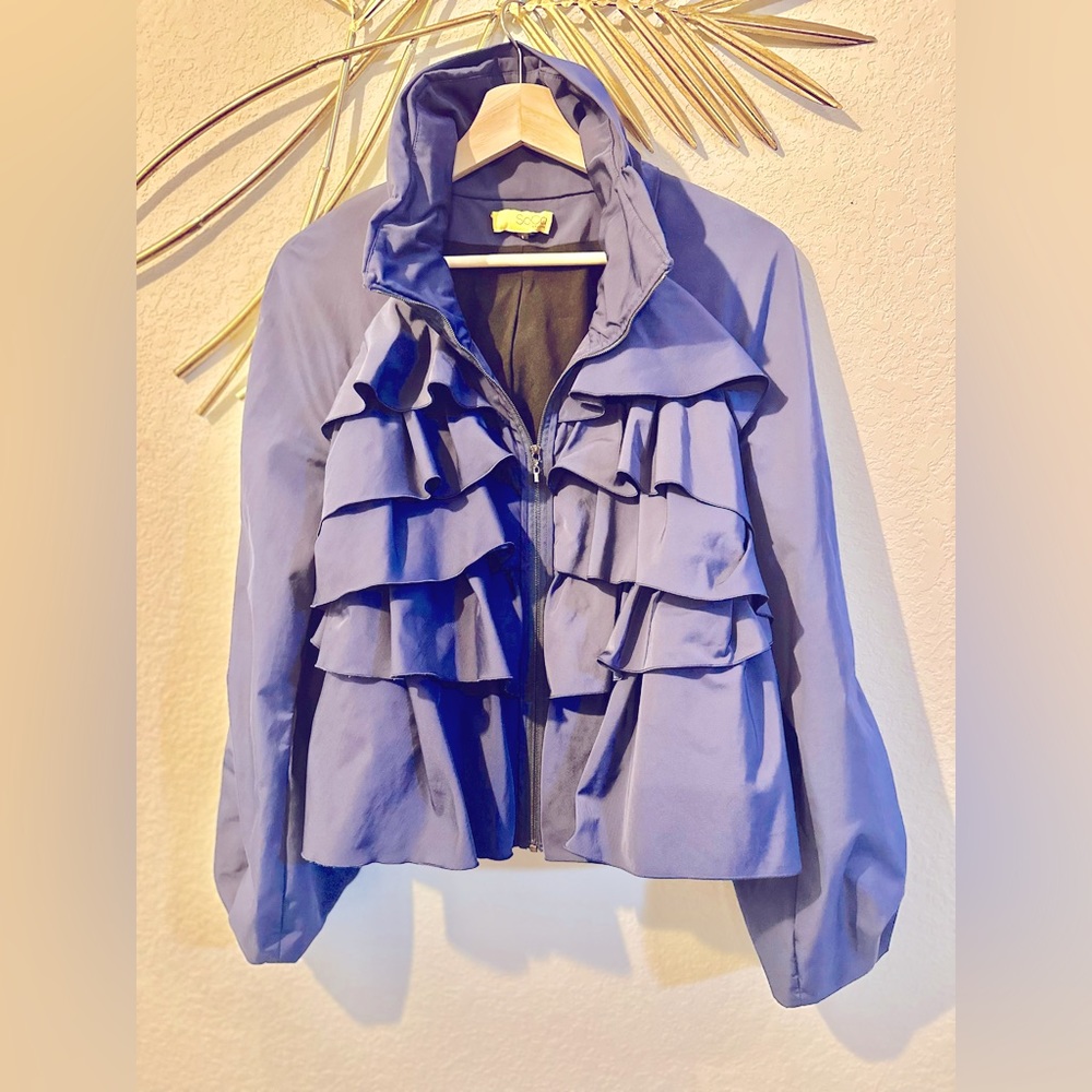 Vintage SOCA St. John Blue Ruffled 100% Polyester Jacket - Size S